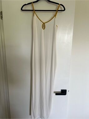 White Midi Slip Dress with Mustard Trim
